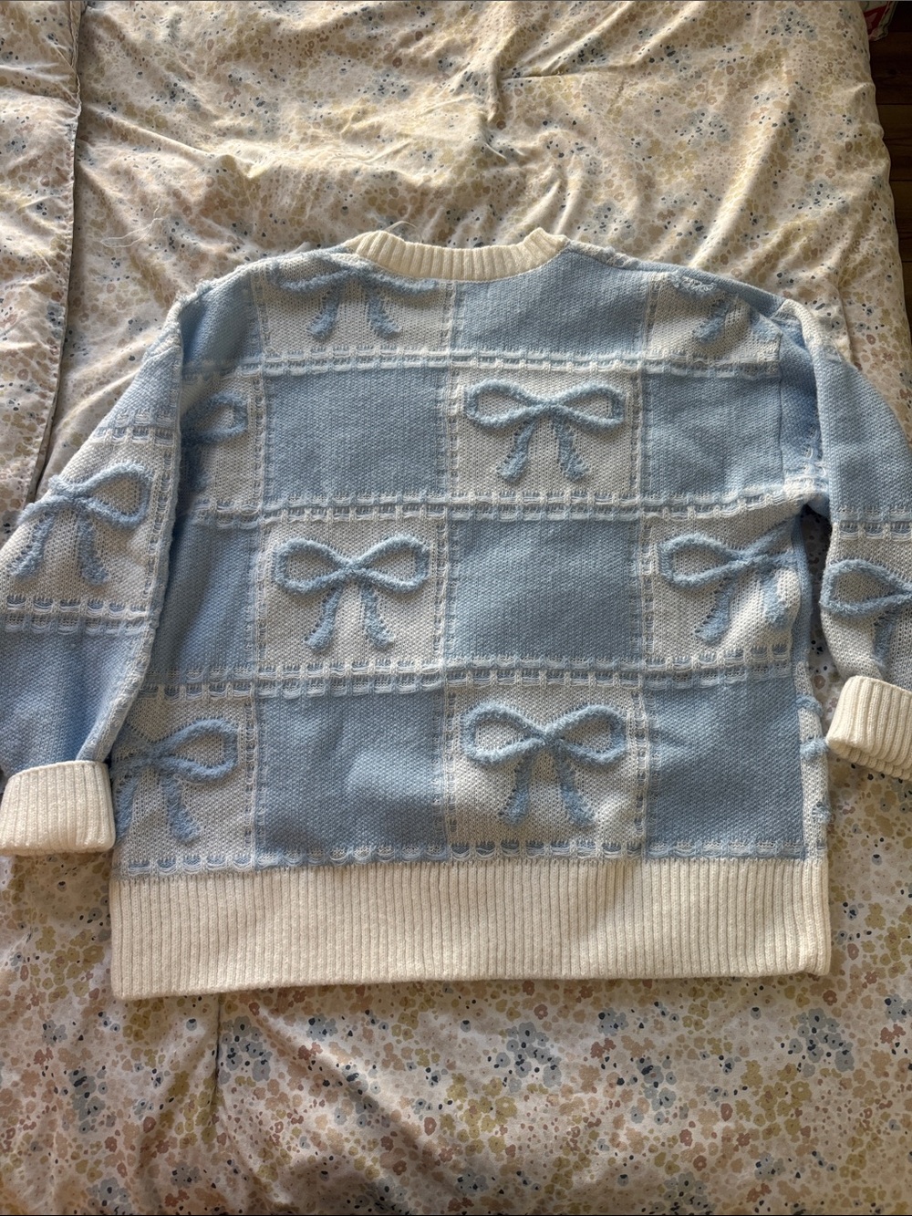 Altar'd State Light Blue & Cream Bow-Appliqué Crewneck Sweater - Picture 2 of 3